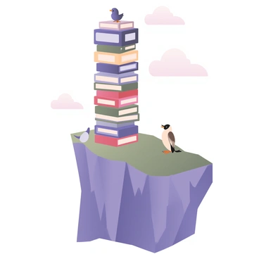 A digital flat illustration featuring a tall, precarious tower built entirely from various calculators stacked on top of each other. The tower is colorful, with calculators in shades of blue, red, green, and yellow. It is teetering on the edge of a cliff that is composed of jagged rocks and grass. In the foreground, a small bird is perched on one of the calculators, looking curiously at the tower. The sky is clear with a few fluffy clouds scattered in the background. The scene conveys a sense of whimsy and playfulness.