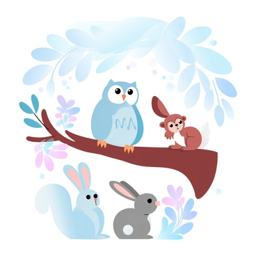 A baby owl is sitting on a branch of a tree, its feathers soft and fluffy. Surrounding the owl are several friendly forest animals. A rabbit with large ears is standing on the ground below, looking up at the owl. Nearby, a squirrel with a bushy tail is perched on a lower branch, curiously watching the scene. Soft foliage and colorful wildflowers decorate the forest floor, with gentle light filtering through the leaves above, creating a warm and inviting atmosphere.