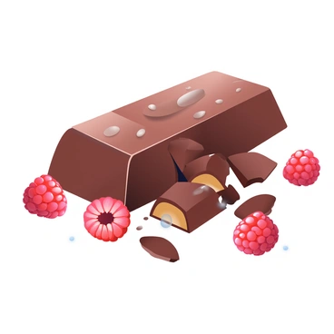A rich chocolate bar broken open with raspberry pieces sprinkled around