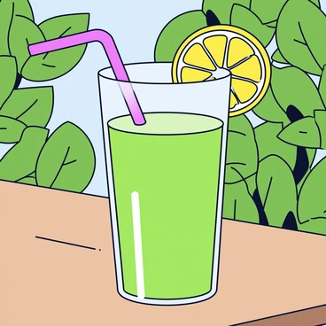 A tall, clear glass filled with green amla juice, showcasing the vibrant color of the juice. The glass has a slice of bright yellow lemon perched on the rim, adding a pop of color. A colorful straw rests inside the glass, slightly bent. The glass is placed on a rustic wooden garden table, surrounded by lush green plants in the background. Sunlight filters through the leaves, casting soft shadows on the table.
