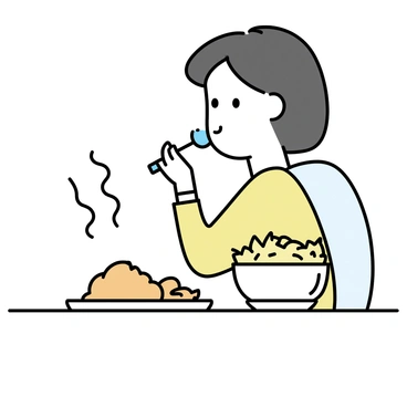 A person seated at a table, carefully examining their meal. The plate features a variety of pureed foods, including a smooth, creamy mashed potato and a vibrant orange carrot puree. A small portion of finely shredded chicken sits alongside, all arranged meticulously. The individual, a middle-aged woman with short dark hair, is holding a spoon in one hand and bringing it close to her mouth. A soft, warm light highlights the textures of the food. The aroma, represented visually by gentle wavy lines rising from the plate, suggests a comforting scent. The scene emphasizes the importance of texture and presentation in dysphagia management.