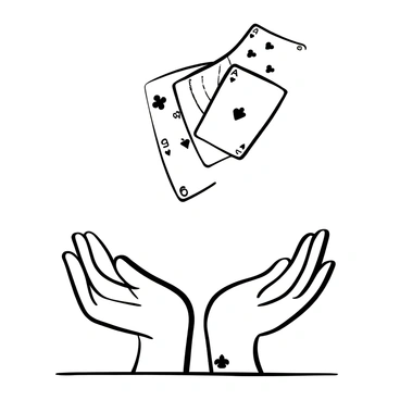 A pair of white gloves positioned palm up, resting on a flat surface. Above the gloves, a deck of playing cards is suspended in mid-air, fanned out in an arc. The cards display various suits and numbers, creating an interesting pattern. The scene is set against a plain background, enhancing the focus on the gloves and the floating cards.
