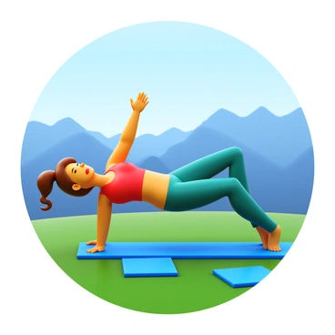 An individual performing a glute kickback exercise on a mountain top. The person is wearing comfortable athletic clothing, with a focused expression on their face. The setting features a picturesque view of distant mountains and a clear blue sky. Surrounding the individual, there are a few yoga mats laid out on the grass, and a gentle breeze is creating slight movement in their hair.