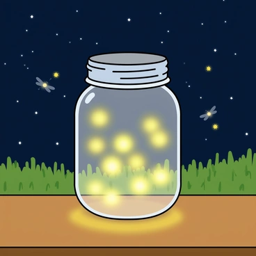 A clear mason jar sits on a wooden table, filled with a few small, glowing fireflies flickering with soft yellow light. The jar is slightly open at the top, revealing the magic inside. The background features a dark blue sky speckled with stars, indicating a warm summer night. Gentle green grass surrounds the table, and a few larger fireflies can be seen dancing in the air nearby. The warm glow from the fireflies illuminates the jar and casts a subtle light on the wooden surface beneath it.