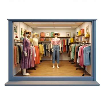 A vintage clothing shop with wooden floors and a welcoming entrance. Inside, there are several racks filled with colorful retro outfits, including patterned dresses, high-waisted jeans, and funky tops. The clothing features vibrant colors, unique patterns, and classic cuts, showcasing styles from past decades. Brightly lit, the shop has a cozy atmosphere that invites customers to browse. In the window display, there is a mannequin dressed in a 1970s-inspired outfit, complete with a wide-brimmed hat and oversized sunglasses. The window is adorned with various vintage accessories, such as scarves and handbags, enhancing the nostalgic feel of the shop.