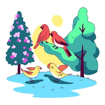 A duo of small red cartoon birds are perched on a vibrant green branch, chirping happily. Below them, a group of three yellow birds are playfully hopping on a bright blue patch of grass, flapping their wings and playing with each other. The background features tall teal trees with colorful flowers in various shades of pink and purple. Sunlight filters through the leaves, creating a lively atmosphere filled with warmth and joy.
