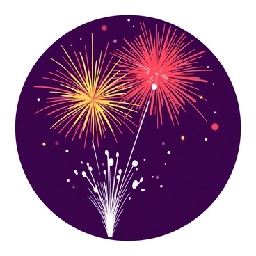 A vibrant explosion of fireworks fills the night sky with bursts of color. There are bright red and yellow fireworks shooting upwards, creating a display of light and energy. In the background, the dark sky contrasts with the vivid colors, emphasizing the dazzling show. The fireworks are in various shapes and sizes, some resembling stars while others are round and cascading, all contributing to a scene of celebration and joy.
