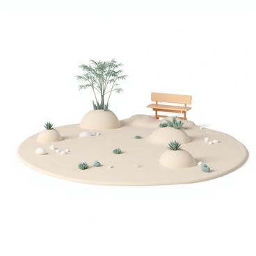A tranquil zen garden featuring a smooth, light-colored sand surface. The sand is meticulously shaped into mounds resembling burritos, complete with slight indentations to mimic wrapping. Scattered among the burrito-shaped sand are various sizes of polished stones, arranged in harmonious patterns. A few small, green succulents are interspersed throughout the garden, adding pops of color. In the background, a gentle wooden bench sits under a canopy of softly swaying bamboo.