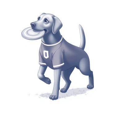 A Labrador retriever stands in a playful pose, wearing a sports jersey that features a simple logo. The dog has a shiny coat and bright eyes, exuding an energetic demeanor. In its mouth, it holds a frisbee, the edges of the frisbee visible as it grips it tightly. The background setting suggests an outdoor environment, with grass beneath its paws, hinting at an active scene.