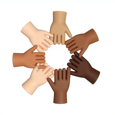 Several hands of various skin tones are reaching toward each other, positioned in a circle to create a sense of unity and connection. Each hand is distinct, showcasing different shades, from light to dark. The hands are open-palmed, symbolizing openness and cooperation, with fingers gently touching at the tips. The background is neutral to emphasize the hands and their harmonious arrangement. The overall composition captures the essence of togetherness and diversity.