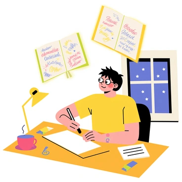 An author sitting at a wooden desk with a quill in hand, focused on a blank piece of parchment. The author has tousled hair and wears round glasses. Above their head, a glowing book is suspended, depicting colorful illustrations and swirling text that represent their gut feeling for the next story idea. The surrounding area is filled with scattered notes and a steaming cup of tea on the desk. A small window to the side shows a starry night sky, adding a touch of inspiration to the scene.