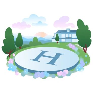 A helicopter pad is situated on the grounds of a luxurious hillside residence. The pad is made of polished concrete, with a clear "H" marking in the center. Surrounding the pad are well-manicured lawns and vibrant flower beds filled with various colorful blooms. In the background, the residence is an elegant structure with large windows and a balcony that overlooks the valley below. Lush green trees frame the property, and the sky is filled with soft gradient pastel colors at sunset.