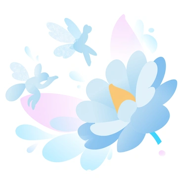 A group of tiny fairies dancing around a flower in a detailed fine-line style.