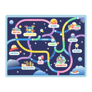 A colorful subway map is displayed, designed for a space-themed amusement park. The map features various vibrant lines, each representing different themed areas of the park. The station stops are illustrated with small icons depicting rides, such as a roller coaster shaped like a rocket, a carousel featuring planets, and a Ferris wheel resembling a UFO. Each station is labeled with a name in bold, playful font, and the background is a deep navy blue, resembling the night sky, with scattered stars and planets illustrated around the edges. The lines crisscross in a dynamic layout, leading the viewer's eye through the whimsical park design.