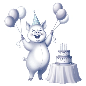A pig standing on its hind legs in a festive setting. The pig has a joyful expression, wearing a colorful party hat adorned with polka dots. Around the pig, several brightly colored balloons are floating, tied together with strings. In front of the pig, there is a large birthday cake on a decorated table, featuring multiple tiers and topped with candles. The cake has icing and decorative elements, creating a celebratory atmosphere. The background includes streamers and party decorations enhancing the birthday theme.