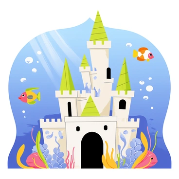 A fantastical underwater castle with tall, spiral towers and ornate, flowing architecture. The castle is made of shimmering coral and glistening seashells, embellished with colorful patterns. Surrounding the castle are various exotic fish, including vibrant angelfish, flowing jellyfish, and playful clownfish, all swimming gracefully through the clear blue water. The scene is illuminated by soft beams of sunlight filtering down from the surface, creating a magical atmosphere.