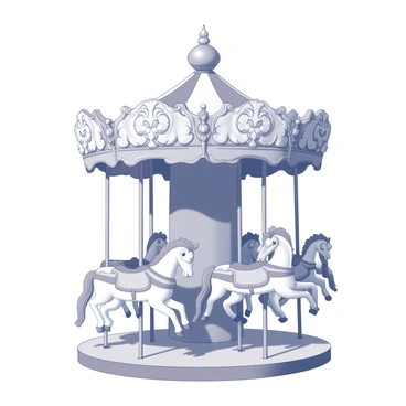 A whimsical carousel is depicted in the center of the image. Each seat on the carousel is uniquely designed to resemble a different type of flower, showcasing details like petals, leaves, and stems. The flowers are arranged in a circular pattern, with some featuring large blooms and others with delicate, smaller petals. The carousel itself has an ornate structure, with decorative elements and spinning features that add to the playful atmosphere. In the background, a light sky provides a light, airy feeling to the scene.
