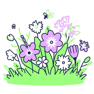A vibrant garden scene filled with various flowers in bloom. In the center, there are bees hovering around several flower heads, each displaying distinct shapes and sizes. The flowers have detailed petals and leaves, showcasing their intricate structures. Beneath the flowers, there is lush greenery, with grass and small plants framing the scene. In the background, a few trees can be seen, their leaves rustling gently. The atmosphere captures the dynamic activity of nature, with bees actively moving from flower to flower.