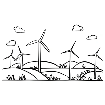 A field of wind turbines with tall, slender towers and large rotating blades. The turbines are arranged in neat rows, creating a rhythmic pattern across the landscape. The ground is covered with grass and small wildflowers, gently swaying in the breeze. In the background, there are rolling hills that add depth to the scene. Above, the sky is clear with a few scattered clouds, providing a vast open space that emphasizes the height of the turbines.