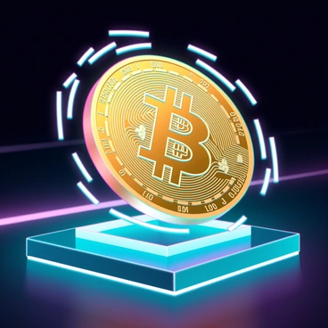 A futuristic 3D hologram of a golden bitcoin, with intricate circuit patterns glowing along its surface. The bitcoin is rotating mid-air, surrounded by a shimmering blue light that enhances its three-dimensional appearance. The background features a sleek, dark environment with subtle light reflections, emphasizing the hologram's luminosity. The bitcoin has clear details, showcasing its emblematic symbols and engravings.