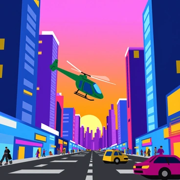A helicopter with a sleek design is flying between tall skyscrapers in a bustling city. The helicopter's blades are spinning rapidly, creating a sense of motion. The skyscrapers have glass facades that reflect the vibrant colors of the sunset, with shades of orange, pink, and purple filling the sky. Below, the streets are crowded with people and vehicles, adding to the lively atmosphere of the city. Some of the buildings are adorned with neon signs and billboards, contributing to the urban landscape. The overall scene captures the dynamic energy of a city at dusk.
