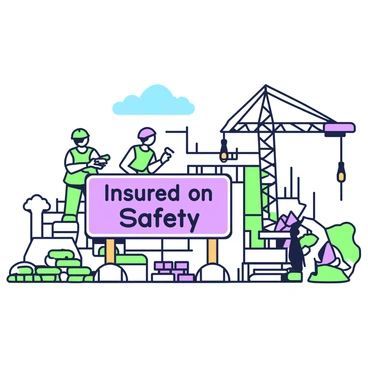 A construction site is bustling with activity. In the foreground, there is a large signboard prominently displaying the text "Insured for Safety." The signboard is supported by wooden posts and is positioned in front of a variety of construction materials scattered around, including stacks of bricks, bags of cement, and metal scaffolding. Workers wearing hard hats and safety vests are visible in the background, using tools like drills and saws. Cranes are lifting heavy materials overhead, while a blue sky with a few clouds is seen above.