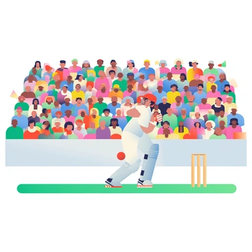 A large crowd of fans is cheering in the stands, waving colorful flags in various shades of red, blue, green, and yellow. Each fan is wearing vibrant team jerseys, creating a lively atmosphere. In the foreground, a bright red cricket ball is in mid-air, being hit by a player on the field. The player is dressed in white cricket attire, with a focused expression as he follows through his swing. The background features a lush green cricket field with a wooden boundary, and the excitement of the moment is palpable among the enthusiastic crowd.