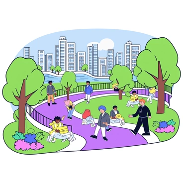 A vibrant sky garden path is filled with green plants and colorful flowers. People are leisurely walking along the path, enjoying the view of the city streets far below. The background features tall buildings, providing a contrast to the greenery of the garden. The path is lined with decorative railings and small benches where some individuals are resting. Bright sunlight illuminates the scene, creating a lively atmosphere.