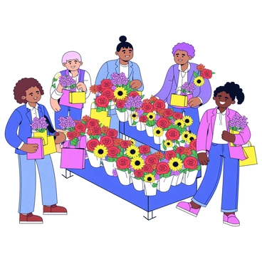 A bustling flower market with multiple stalls overflowing with vibrant blooms in various colors, including red roses, yellow sunflowers, and purple lilacs. Shoppers of diverse backgrounds are seen smiling as they browse the flowers. Some shoppers are holding brightly colored shopping bags filled with fresh flowers, while others are engaged in conversation with the stall owners. The scene is lively, filled with the vividness of nature's palette.