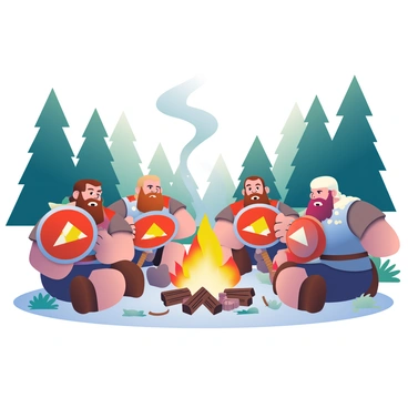 A group of Vikings with long beards and braided hair is gathered around a campfire in a forest clearing. They are wearing intricately designed leather armor with fur accents. Each Viking is holding a round shield, prominently displaying the "fire triangle" symbol in bold colors. The campfire casts a warm glow on their faces, illuminating features like their determined expressions and battle-worn skin. Surrounding them are tall pine trees silhouetted against the night sky, and the ground is scattered with leaves and twigs. Smoke rises from the fire, curling into the air above the group.