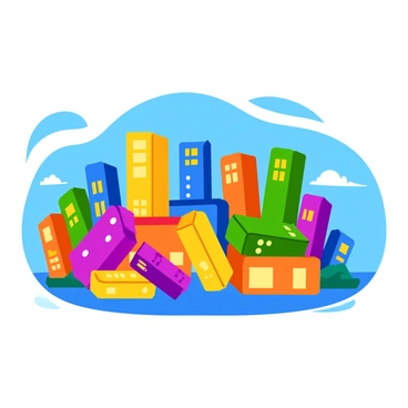 A city skyline built from colorful dominoes, featuring various sizes and designs of buildings. The dominoes are arranged in a way that they appear to be cascading downwards, creating a dynamic motion effect. Some dominoes are toppling over, while others are still standing tall. The scene captures a clear blue sky in the background, enhancing the vibrant colors of the dominoes. Brightly colored storefronts and house shapes can be seen among the larger structures, adding visual interest to the composition.