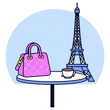 A Chanel handbag with a quilted design and gold chain strap resting on a small round café table. The handbag is positioned slightly off-center to showcase its details. In the background, the Eiffel Tower rises prominently against a clear blue sky, creating a recognizable Parisian scene. The table has a simple white tablecloth, and a steaming cup of coffee sits next to the handbag.
