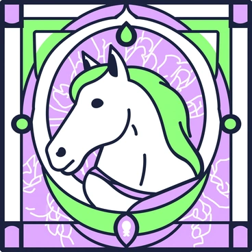 A horse head is designed as a stained glass window. The horse head features intricate designs and patterns, showcasing its mane flowing with elegance. Surrounding the horse head, there are geometric shapes and curves that create a frame, adding to the window's overall structure. The surface of the window has varying textures that resemble glass pieces coming together to form the image. Light passes through the window, enhancing the details and casting patterns on the surface below. Bright highlights and deep shadows create a captivating visual effect.