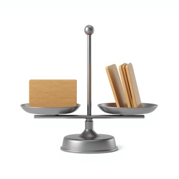 A set of scales with a shiny metal finish, displaying clear, precise lines. On one side, there is a single wooden board, measuring one-quarter in size, with a smooth surface and natural wood grain texture. On the opposite side, there are multiple smaller wooden boards, each measuring one-eighth in size, also featuring a polished wood grain. The scales are perfectly balanced, showcasing the contrast in size and weight between the larger board and the smaller boards. The background is a neutral color, allowing the focus to remain on the scales and the wooden boards.