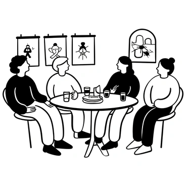 A group of four friends seated at a round table with several glasses of drinks in front of them. They are engaged in animated discussion, with one friend gesturing toward a catalog of illustrations on the table. The table surface has a few empty drink glasses and a small stack of coasters. In the background, there are auction banners and posters featuring various illustrations hanging on the walls. The setting has an atmosphere of excitement and engagement.