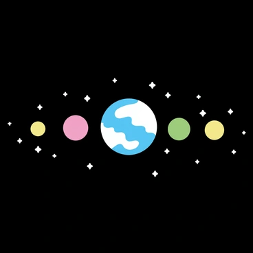 A series of planets, each with distinct colors and textures, positioned in a straight line against a dark background. The largest planet, featuring swirling clouds of blue and white, is at the center. Smaller planets with shades of red, green, and yellow are arranged symmetrically on either side. Surrounding them are scattered white stars, varying in size, creating a sense of depth in the composition. The entire scene conveys a sense of balance and order in the cosmos.