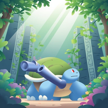 A large blue Blastoise with two powerful water cannons on its shell is standing in a dense jungle. The lush green vegetation surrounds it, with towering trees and thick vines. Sunlight filters through the leaves, casting dappled shadows on the ground. In front of Blastoise, ancient stone ruins are partially obscured by the undergrowth. The ruins are covered in moss and intricate carvings, hinting at a long-lost civilization. Small, colorful flowers bloom near the base of the stones, adding splashes of color to the scene. Blastoise appears curious, gazing intently at the mysterious structures before it.