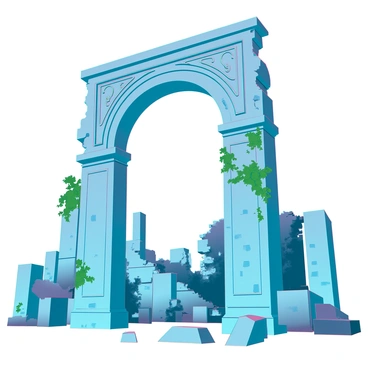 A time-worn stone archway with intricate carvings and weathered surfaces, standing tall amidst the crumbling remains of an ancient civilization. The archway features moss and vines creeping along its sides, highlighting its age. In the foreground, broken stone columns and scattered debris hint at the grandeur that once was. The scene is bathed in soft, diffused light, creating a mysterious atmosphere as if the archway serves as a portal to a forgotten era. The background contains remnants of structures, partially collapsed, covered in vegetation.