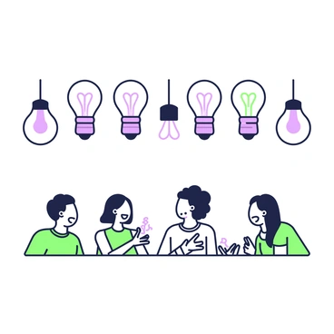 A series of light bulbs suspended above a group of people, arranged in a horizontal line. The light bulbs vary in brightness, starting from a faint glow on the left and gradually progressing to a bright, innovative shine on the right. Each bulb is distinct in size and shape, with some being rounded and others elongated. Below the bulbs, the people are engaging in a discussion, their faces illuminated by the light, showing expressions of curiosity and excitement. The background is minimal to emphasize the light bulbs and the interaction among the individuals.