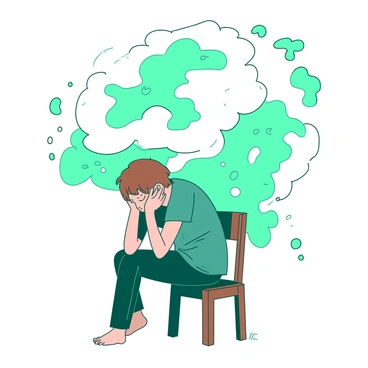 A character with short brown hair is sitting on a simple wooden chair, their elbows resting on their knees, and their head cradled in their hands. The character's expression conveys deep contemplation. Around the character, there are swirling clouds in shades of teal and white, representing chaotic thoughts. The clouds are fluffy and dynamic, creating a visual representation of the character's mental state. The chair is positioned in a minimalistic space, emphasizing the character and the surrounding clouds.