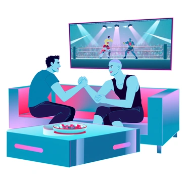 Two friends sitting on a modern sofa in a sleek, futuristic living room. They are both men, one with short dark hair and the other with a shaved head. The man with dark hair is wearing a stylish blue t-shirt, while the other is dressed in a black tank top. They are shaking hands firmly, a sense of excitement on their faces, as they finalize a bet. On a large flat-screen TV mounted on the wall, a live boxing match is being broadcasted, showing two boxers in the ring, surrounded by bright lights and an enthusiastic crowd. A plate of snacks is on the coffee table in front of them, and the room is illuminated with ambient lighting that enhances the modern atmosphere.