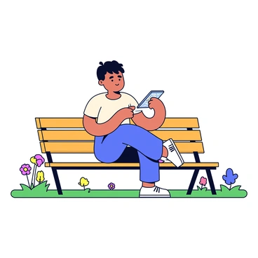 A person sitting on a wooden park bench in a grassy area, holding a smartphone in their hands. The individual is casually dressed, wearing a light t-shirt and jeans. They have short hair and are focused on the screen of the smartphone, which displays a map with nearby restaurant locations. Surrounding the bench are a few colorful flowers and small trees, with a clear blue sky overhead.