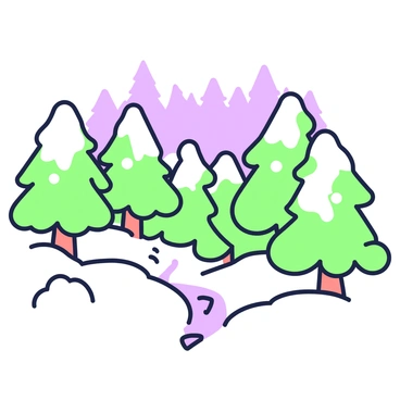 A winter landscape features snow-covered pine trees. The trees, tall and full, are blanketed with soft white snow. In the foreground, there are several snowdrifts shaped by the wind, while in the background, additional pine trees create a dense forest. The sky above is clear, accentuating the serene atmosphere. A faint path, marked by footprints, winds through the scene, leading deeper into the woods.