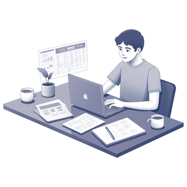 A young adult is sitting at a desk, focused on a laptop. The laptop screen displays a spreadsheet filled with numbers and charts. Several coffee cups are positioned around the workspace, some half-full. The desk is cluttered with papers and notes related to budgeting. A pen lies next to a notepad filled with handwritten calculations. There is a small plant in a pot on the corner of the desk, providing a touch of greenery to the scene.