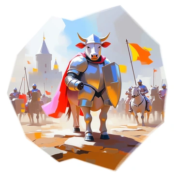 A cow with a sturdy build is dressed in shining knight's armor, complete with a helmet that fits snugly over its head. The armor is detailed with engravings, reflecting the sunlight as it stands proudly on a medieval battlefield. Around the cow, the landscape is filled with chaos; there are other knights on horseback, clashing swords, and banners waving in the wind. The ground is marked with remnants of a fierce battle, including scattered shields and broken weapons. In the background, a castle looms, its stone walls partially obscured by clouds of dust and smoke rising from the conflict. The cow stands defiantly, ready to charge into the fray.