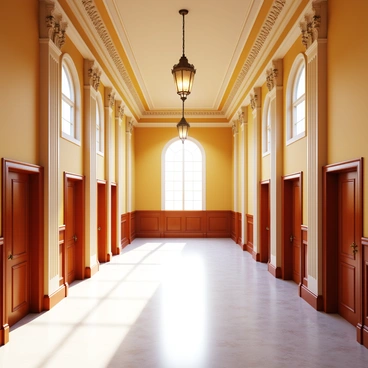 A grand hallway in an old courthouse with high ceilings. The walls are adorned with intricate moldings and vintage light fixtures hang from the ceiling. The marble floors are polished and reflect the light, creating a sense of grandeur. Large wooden doors line the sides of the hallway, leading to various courtrooms. Tall windows allow natural light to stream in, illuminating the space and casting shadows on the floor. Elegant columns support the ceiling, emphasizing the architectural beauty of the courthouse.