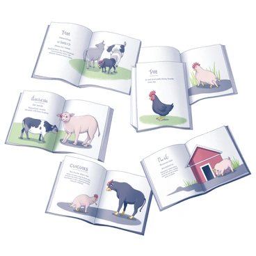 A set of colorful pages from a children's book featuring animals on a farm