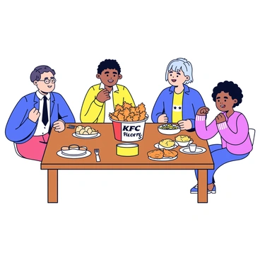 A family gathered around a wooden dining table. Each member is smiling and engaged in conversation. On the table, there is a large bucket of KFC fried chicken with golden, crispy pieces. Surrounding the bucket are various sides, including a bowl of mashed potatoes, a container of coleslaw, and some biscuits. The table is set with plates, forks, and cups, adding to the lively atmosphere of the meal.