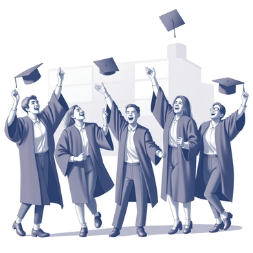 A group of students wearing caps and gowns is gathered outdoors, joyfully celebrating their baccalauréat graduation. Some students are holding their diplomas high above their heads, while others are smiling and embracing each other. The scene captures a mixture of excitement and pride, with students throwing their caps into the air in unison. The background features a university building, creating a sense of achievement and milestone. The expressions on the students' faces reflect happiness and relief as they commemorate this special occasion.
