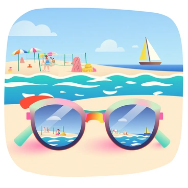 A pair of large, round sunglasses rests on a sandy beach. The lenses reflect a vibrant scene filled with bright blue ocean waves lapping at the shore. In the background, colorful beach umbrellas dot the landscape, creating a patchwork of hues against the sunlit sand. There are people playing beach volleyball and children building sandcastles, adding energy to the scene. The sky overhead is a brilliant azure with a few fluffy white clouds drifting lazily. A distant sailboat glides across the water, completing the lively beach atmosphere.